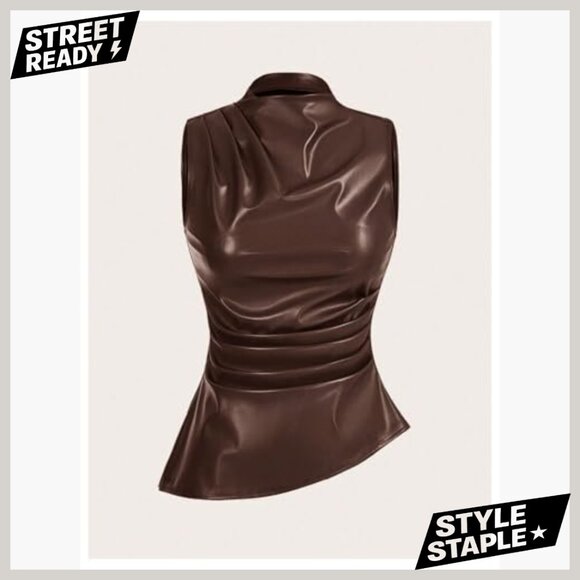 PU Leather Mock Neck Pleated Asymmetrical Sleeveless Fitted Tank Top - Picture 5 of 5